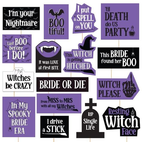 Print at home and decorate your party! Horror Movie Props, Spooky Bachelorette Party, Bachelorette Party Photo Booth Props, Bachelorette Photo Booth, Bachelorette Party Photo Booth, Spooky Bride, Halloween Photo Booth Props, Bride Or Die, Goth Bride