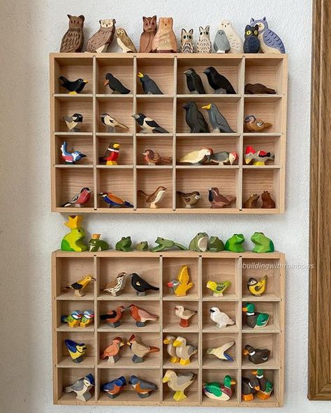 Emily on Instagram: "Finally got the bird shelfs up! (Really Grapat tinker trays). They’re stuck to the wall using command Velcro strips, so they can easily be taken down and put up again for play. And what do you think of my shelf-spacing technique! I love seeing the birds all the time, and the kids are thrilled to have them out and more readily available too! #buildingwithrainbows #toystorage #playroomdecor #playroominspo #playroomorganization #playroomideas #playroom #grapattinkertray #gra Waldorf Toy Shelf, Tinker Tray Ideas, Montessori Organization, Playroom Shelf, Shelf Spacing, Toy Shelf, Montessori Playroom, Toy Shelves, Open Ended Toys