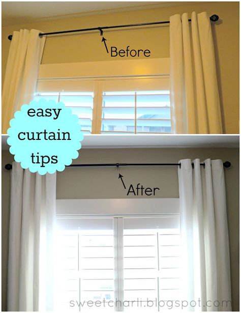 Sweet Charli: 4 Tips for Making Curtains Look Good Curtains With Shutters, Cornice Ideas, Painting Woodwork, House Curtains, Small Basement Remodeling, Sunroom Windows, Moving Ideas, Making Curtains, Small Basement Remodel