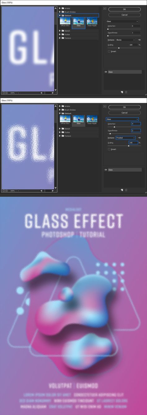 How to Make a Simple Frosted Glass Effect in Photoshop — Medialoot Frosted Glass Effect Graphic Design, Glass Effect Photoshop, Frosted Glass Texture, Glass Photoshop, Distorted Text, Frosted Mirror, Gaussian Blur, Certificate Design Template, Water Effect