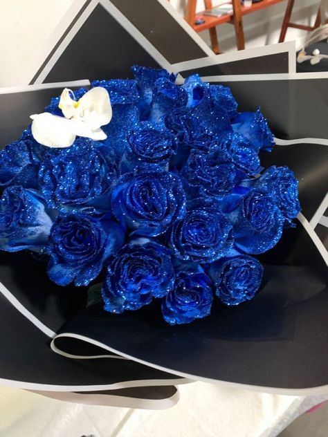 Blue Glitter Roses Bouquet, Blue 2024 Vision Board, Blue Glitter Roses, Glitter Roses Bouquet, Ribbon Rose Bouquets, Roses Bouquet Gift, Ribbon Flowers Bouquet, Birthday Flowers Bouquet, Luxury Flower Bouquets