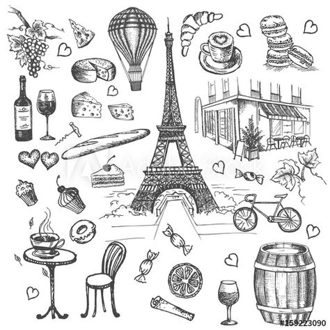 Set of hand drawn French icons, Paris sketch illustration   wall mural wallpaper | Muraledesign.com Travel Dairy, Paris Sketch, Illustration Mural, Paris Drawing, Sketch Wall, French Icons, Easter Coloring Book, Dibujo Simple, Paris Illustration