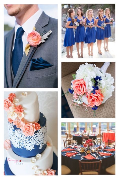 Coral And Dark Blue Wedding, Steel Blue And Coral Wedding, Coral And Royal Blue Wedding, Royal Blue Tux, Blue And Coral Wedding, French Wedding Decor, Coastal Wedding Centerpieces, Blue Coral Weddings, Royal Blue Wedding Theme