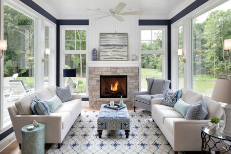 Sunroom With Fireplace, 4 Season Sunroom Ideas, All Season Room, 4 Season Room, 3 Season Room, Four Seasons Room, Sunroom Addition, Sunroom Ideas, Sunroom Decorating