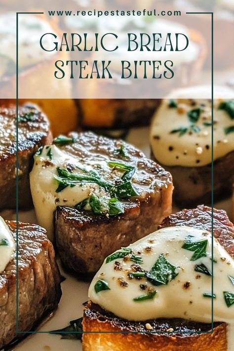 Juicy sirloin steak slices served on crispy garlic bread, topped with a zesty horseradish cream sauce. Perfect for appetizers or a hearty snack, these Garlic Bread Steak Bites are sure to impress at any gathering. Garlic Bread Steak Bites, Cream Sauce For Steak, Crispy Garlic Bread, Horseradish Cream Sauce, Breaded Steak, Steak In Oven, Hearty Snacks, Crispy Garlic, Horseradish Cream