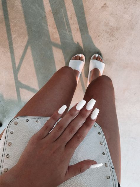 SNS in the colour milky white on hands + white shellac on toes #nailsofinstagram  #coffinnails #whitenails #pedicure  #nails Nails Hands And Toes, White Toes Pedicure, Pedicure Shellac, White Shellac, Nails Sns, Nails Milky, Toes Pedicure, White Coffin Nails, Nail Sequins