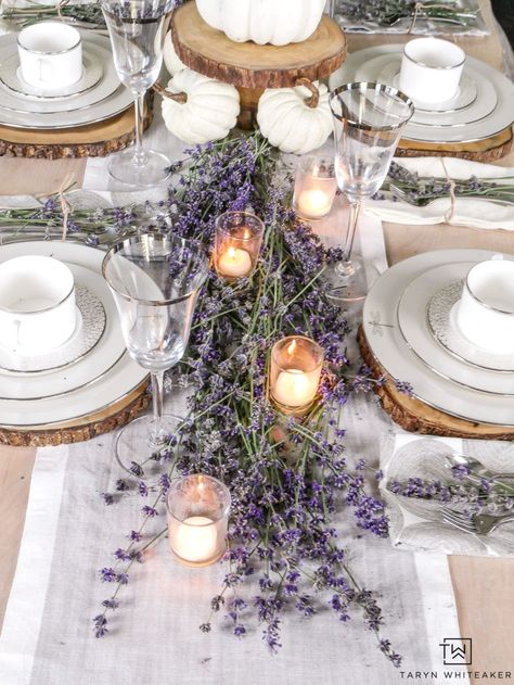 Create a classy and elegant Lavender Fall Tablescape filled with blooms from your own yard! Give it a fall look using white pumpkins and tea light candles. Lavender Wedding Decorations, Lavender Centerpieces, Thanksgiving Tables, Lavender Wedding Theme, Rustic Wedding Decorations, Deco Champetre, Tafel Decor, Fall Tablescapes, Wedding Reception Tables