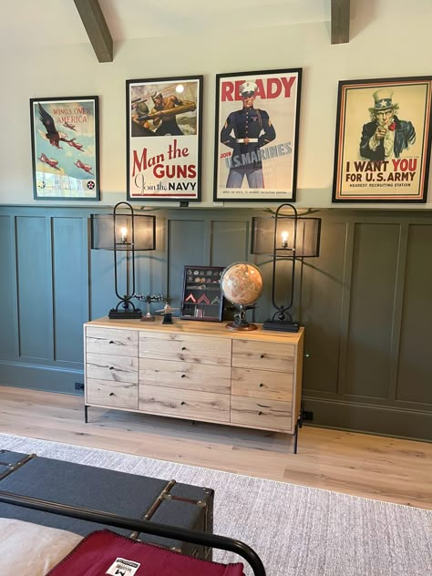 Boy's Room Tour {Nashville Parade of Homes} - Beneath My Heart Army Green Bedroom Walls, Patriotic Boys Bedroom, Boys Military Bedroom, Boys Americana Bedroom, American Flag Boys Room, Boys Basement Bedroom Ideas, Military Kids Room, Hunting Boys Room, Preppy Boys Room