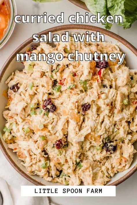 Curried chicken salad is made even better with the addition of mango chutney. It's sweet, savory, crunchy and delicious! Easily made with shredded chicken, mayo, curry, mango chutney, green onions, dried cranberries and crunchy almonds, this is an easy chicken salad recipe that you'll want to make over and over again! Chicken Salad With Mango Chutney, Chicken Salad With Mango, Mango Chutney Chicken, Crockpot Shredded Chicken Tacos, Crockpot Shredded Chicken, Curry Mango, Chicken Mayo, Chutney Chicken, Mango Chutney Recipe