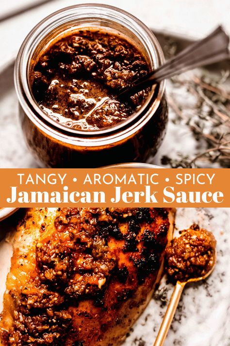 Possibly the best-ever sauce for grilled chicken, jerk sauce is jam-packed with spice and an incredible blend of sweet, savory, herbaceous, and warm flavors. Each taste will transport you to the beaches of the Caribbean! Caribbean Jerk Marinade, African Hot Sauce, Jerk Sauce Recipe Authentic, Jamaican Jerk Marinade, Jerk Sauce Recipe Easy, Sweet Jerk Sauce Recipe, Jerk Chicken Sauce, Caribbean Jerk Sauce, Jerk Sauce Recipe