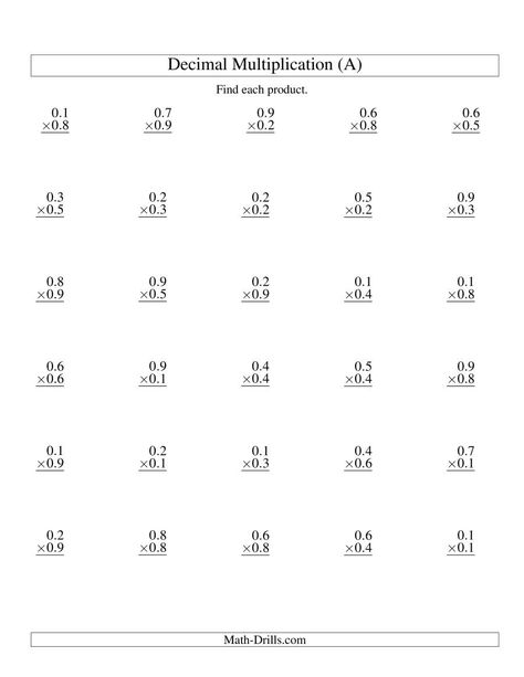 The Vertical Decimal Multiplication (range 0.1 to 0.9) (A) Math Worksheet Dividing Decimals Worksheet, Free Printable Multiplication Worksheets, Decimal Multiplication, Free Multiplication Worksheets, Printable Multiplication Worksheets, Math Multiplication Worksheets, Math Fact Worksheets, 5th Grade Worksheets, Wristband Template