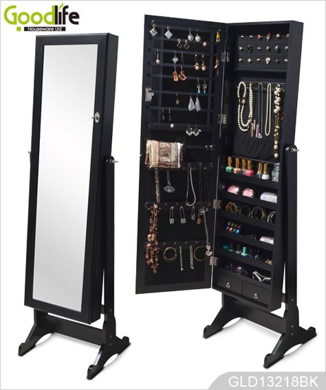 Independiente del gabinete joyero de madera con espejo de maquillaje y cajones organizador Armoire With Mirror, Makeup Drawer Organization, Jewelry Mirror, Jewelry Cabinet, Standing Mirror, Length Mirror, Full Length Mirror, Jewelry Armoire, Bedroom Designs