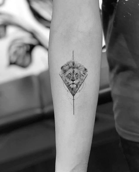 Fine line style mountain triangle tattoo on the right Small Lion Tattoo, Geometric Lion Tattoo, Mens Lion Tattoo, Leo Tattoos, Lion Tattoo Design, Inner Forearm, Парные Тату, Small Tattoos For Guys, Memorial Tattoos