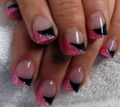 Clear Pink And Black Acrylic Nails, Hot Pink Nails With Black, Black And Pink Glitter Nails, Pink And Black French Tip Nails, Pink Glitter Tips, Lace Nail Design, Sunflower Nail, Purple Nail Art Designs, Camouflage Nails