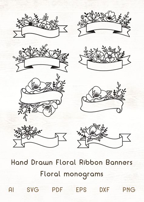 Floral Ribbon Banners SVG - Floral monogram #floralribbonbannersvg #floralbannersvg #ribbonbannersvg #ribbonbannercliparts #flowerribbonbanner #flowermonogramsvg #ribbonmonogram #flowerribbonmonogram #flowerborder #monogramframesvg Banner Design Drawing, Notebook Doodles, Banner Drawing, Bullet Journal Banner, Floral Banners, Ribbon Banner, Floral Ribbon, Bullet Journal Art, Bullet Journal Lettering Ideas