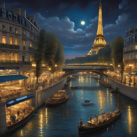 A highly detailed nighttime depiction of Paris, capturing the Eiffel Tower adorned with golden lights, vibrant reflections on the Seine River, and bustling streets filled with people and vintage street lamps. Paris Dream, Seine River, Paris Wallpaper, Pretty Artwork, Vintage France, Baby Animal Nursery, La Seine, Disney Phone Wallpaper, Paris Pictures