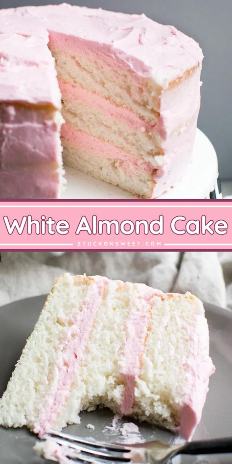 Want some cake ideas? Treat yourself to our light, fluffy, and moist White Cake Recipe! Perfectly paired with an almond twist, this almond cake recipe is a showstopper for any occasion. Save this recipe and serve the BSET dessert recipe! White Almond Cake, White Almond Cakes, Yummy Chocolate Desserts, Almond Cake Recipe, Baking Desserts, Recipes Baking, Delicious Cookies, Almond Cake, White Cake Mixes