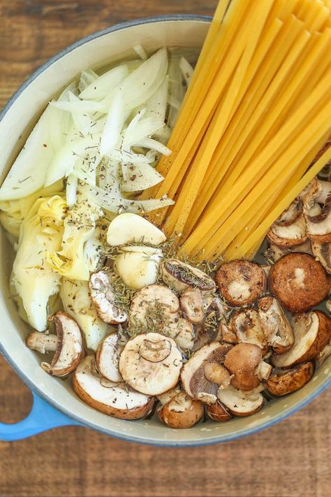 Creative One-Pot Meals to Try Mushroom Artichoke, Spinach Artichoke Pasta, Mushroom Spinach, Artichoke Pasta, Budget Bytes, Parmesan Crusted Chicken, Slow Cooker Pulled Pork, Pasta Dinners, Vegetable Broth