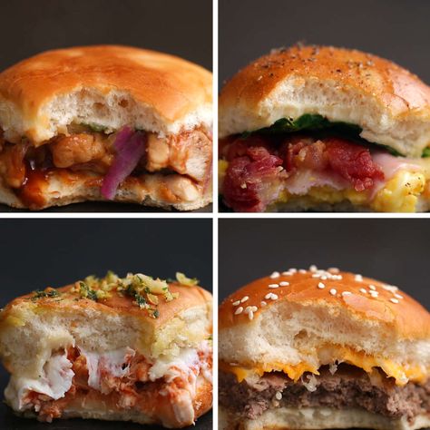 Sliders 4 Ways by Tasty Chicken Parmesan Sliders, Bbq Chicken Sliders, Slider Sandwiches, Breakfast Slider, Cheeseburger Sliders, The Bun, Steak Sandwich, Slider Recipes, Good Eat