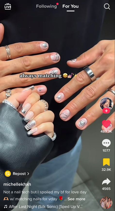 Nail For Boyfriend, Bf Tip Color Nails, Matching Valentine Couple Nails, Chrome Matching Nails, Bc Gf Matching Nails, Nail Ideas For Boyfriend, Matching Sets Nails, Matching Gf Bf Nails, Chrome Nails Designs Men