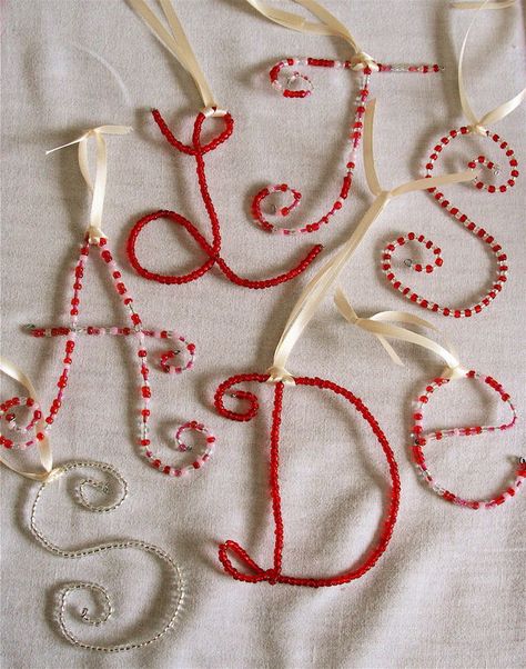 Holiday Jewelry With Letter Beads, Wire Bead Ornaments Diy, Christmas Beads, Letter Bead Ornament, Bead Bow Ornament, Wire Art Christmas Words, Monogram Gift Tags, Letter Ornaments, Craft Night