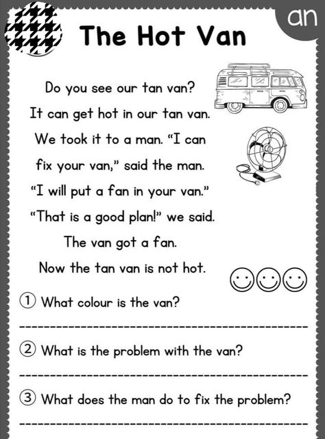 " the hot van " read and write the answer. short and long vowels worksheet. cvc words easy reading Short Vowels Reading Passages, Vowels Worksheet, Short And Long Vowels, Comprehension Kindergarten, Long Vowel Worksheets, Long Vowel Words, Phonics Worksheets Free, Reading Comprehension For Kids, Cvc Word Activities