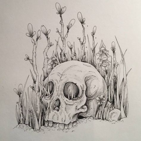 Overgrown Skull Drawing, Creepy Skull Art, Decaying Flowers Tattoo, Overgrown Tattoo, Decay Art Gcse, Flower Skull Drawing, Skull Flower Drawing, Overgrown Drawing, Skull Reference Drawing