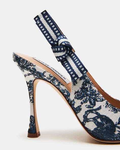 BRI BLUE/WHITE Blue And Gold Shoes, Heel Sandals Outfit, Luxury Heels, Stunning Shoes, Aesthetic Shoes, White Heels, Bride Shoes, Stiletto Pumps, 4 Inch Heels