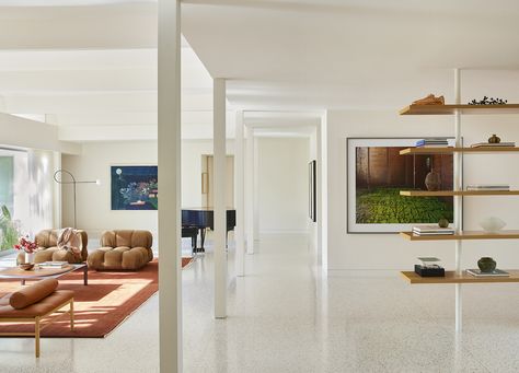 Terrazzo Flooring Living Room, White Terrazzo Floor, Flooring Living Room, Dwell Magazine, Terrazzo Floors, White Terrazzo, White Floor, The Glow Up, Mid Century Architecture