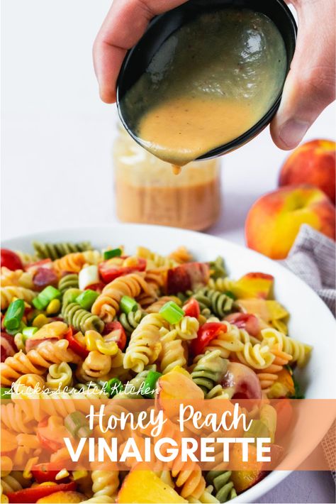 Honey Peach Vinaigrette is the perfect combination of honeyed sweetness and tart, juicy peach perfection. It's light, summery, and incredibly quick to whip up. #vinaigrette #peach #peachvinaigrette #saladdressing #dressing #healthydressing Peach Vinegar Recipes, Peach Vinaigrette Dressing, Peach Salad Dressing, Homemade Nut Butter, Healthy Dressing, Salad Dressing Recipes Healthy, Juicy Peach, Peach Salad, Dressing Recipes