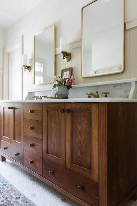 Mixed Wood Bathroom, Brown Bathroom Vanity Ideas, Wooden Vanity Bathroom, English Country Bathroom, Brown Bathroom Vanity, Vintage Inspired Bathroom, Staining Cabinets, Wood Bathroom Vanity, Master Ensuite