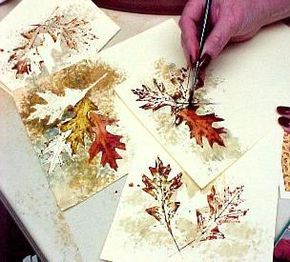 watercolor greeting cards  made by using real leaves to stamp and stencil by susie short. nice. فن النسيج, Painting Leaves, Autumn Cards, Real Leaves, Watercolor Greeting Cards, 수채화 그림, Card Making Techniques, Thanksgiving Cards, Fall Cards