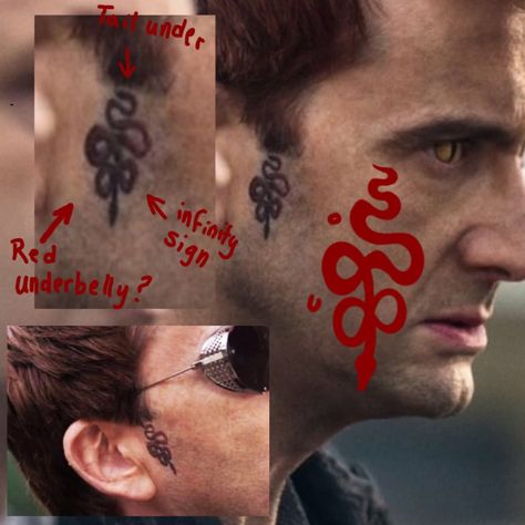 Crowley Face Tattoo, Crowley Good Omens Tattoo, Good Omen Tattoo, Crowley Pictures, Crowley's Tattoo, Good Omens Nail Art, Good Omens Symbols, Good Omens Embroidery, Bildad The Shuite