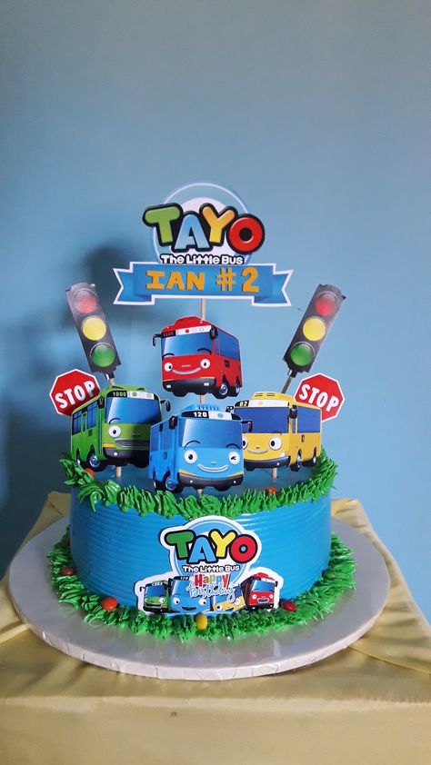 Tayo Bus Birthday Party Ideas, Tayo Birthday Cake Topper, Tayo Birthday Theme, Bus Cake Design, Car Topper Cake, Tayo The Little Bus Birthday Party Ideas, Tayo Cake Ideas, Tayo The Little Bus Birthday Cake, Tayo Birthday Decoration