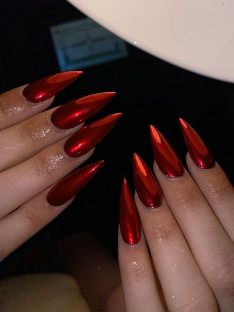 Red Chromatic Nails, Red Chrome Stiletto Nails, Red With Gold Chrome Nails, Red With Chrome Nails, Red Glass Nails, Red Chrome Nails Designs, Chrome Red Nails, Red And Pink Nails, Red Sparkly Nails