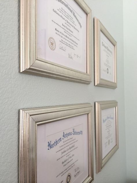 Diploma Aesthetic Pink, College Degrees Aesthetic, Degree Framing Ideas, Degree Display Ideas, Degree Wall Display Ideas, College Diploma Aesthetic, Certificates Aesthetic, Framed Degree, Degree Frame Ideas