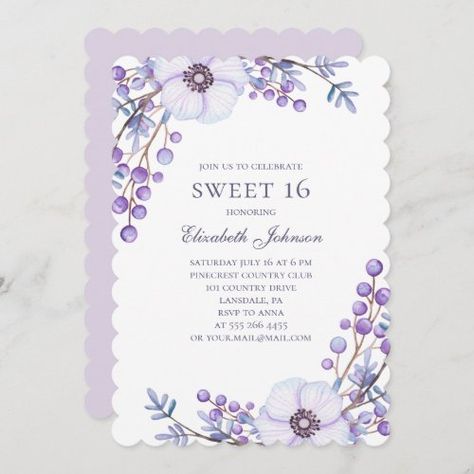 Purple Flowers Sweet 16 Floral 16Th Birthday Invitation #zazzle #weddinginvitations #birthdayinvitations #babyshowerinvitations #zazzleinvitations #monogram #businesscards #graduation #homedecor Purple Sweet 16, 16 Invitations, 16th Birthday Card, 38th Birthday, 16th Birthday Invitations, Sweet Sixteen Parties, Purple Garden, 16 Birthday, Floral Bridal Shower Invitations