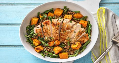 Turkey Steak with Mustard Lentils Recipe | HelloFresh Chives Recipes, Turkey Steak Recipes, Salade Healthy, Seared Chicken Breast, Cooking Cream, Sweet Potato Wedges, Hello Fresh, Recipe Roundup, Sweet Potato Recipes