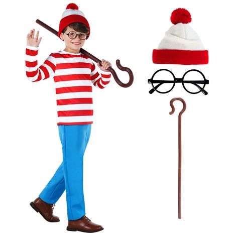 PRICES MAY VARY. Product Includes Full Kit: This eye-catching, premium where's wanderer costume comes as the full set: Red and white striped top, with aqua blue, straight cut pants. Accessories included too: Striped bobble hat, black plastic glasses and brown cane Three Sizes Available: We offer this boys book character costume in three different sizes: S,M and L. Please refer to the size guide for more information and find the perfect size for you Authentic Character Costume: Hide in plain sigh Boys Book Character Costumes, Book Character Costume, Kids Book Character Costumes, Storybook Character Costumes, Halloween Costume Kids, Children's Book Characters, Kids Halloween Costume, Book Costumes, Creepy Costumes