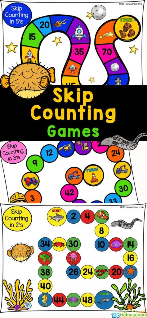 This free printable Skip Counting Game is a great way to practice how to skip count by 2s, skip count by 3s, and skip count by 5s while playing a fun game. Use these skip count games as part of a number or math study or for extra work for first grade, 2nd grade, and 3rd graders who are working on counting by 2, counting by 3, and countin g by 5. Simply print skip counting printables and you are ready to play and learn with a free math game. Count By 5s, Count By 2s, Skip Counting Games, Skip Counting Kindergarten, Skip Counting By 5, 2nd Grade Math Games, Skip Counting Puzzles, Counting Board, Skip Counting Activities