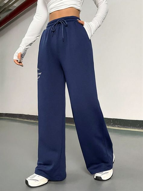 Navy Blue  Collar  Fabric Letter,Plain Straight Leg Embellished Slight Stretch  Women Clothing Women Sweatpants, Blue Joggers, Joggers Outfit, Wide Leg Sweatpants, Fabric Letters, Printed Drawstring, Fleece Pants, Fleece Joggers, Letter Print