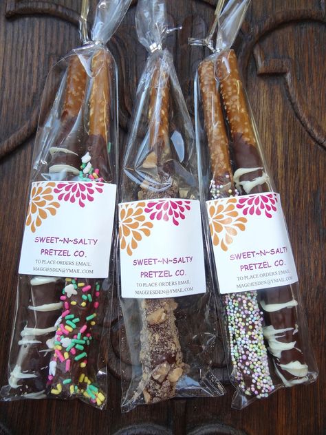 like the sticker idea Giveaway Ideas, Chocolate Covered Pretzel Rods, Pretzel Rods, 1st Birthday Themes, Chocolate Pretzels, Chocolate Covered Pretzels, Breakfast Time, Pretzels, Sweet And Salty