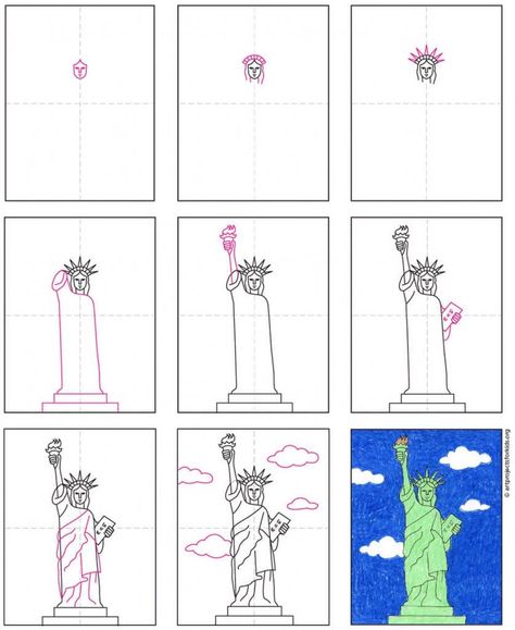 Draw the Statue of Liberty Step by Step · Art Projects for Kids Statue Of Liberty Drawing, Flag Drawing, Art Learning, Fall Art Projects, Patriotic Art, Easy Cartoon Drawings, The Statue Of Liberty, Elementary Art Projects, Middle School Art