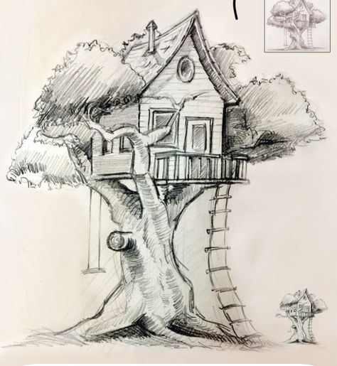 Tree House Drawing, Landscape Drawing Easy, Sick Drawings, House Sketch, Cool Pencil Drawings, Cute Doodle Art, House Drawing, Pencil Art Drawings, Art Drawings Sketches Creative