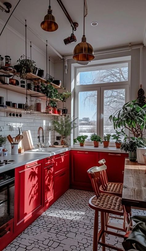 Red Kitchen Interior, Red Aesthetic Kitchen, Red Retro Kitchen, Red Kitchen Aesthetic, Red And White Kitchen Ideas, Pop Of Red Interior Design, Red Accent Kitchen, Kitchen Design Colorful, Red House Interior