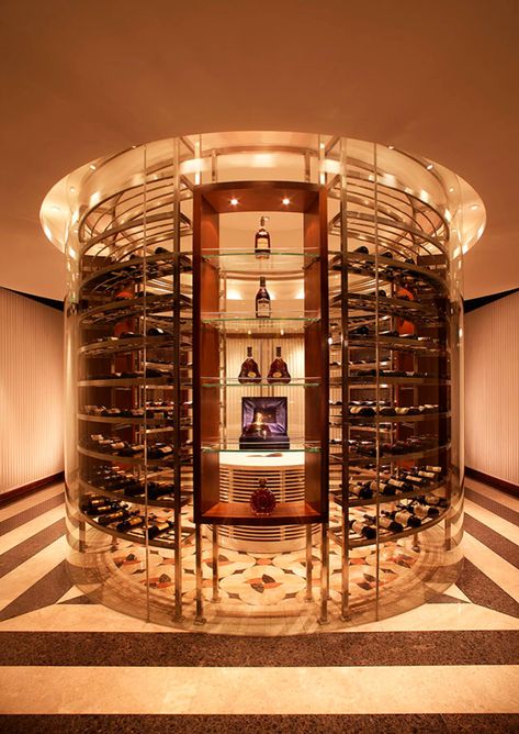 Luxury Wine Cellar, Wine Shop Interior, Wine Room Design, Glass Restaurant, Ditsy Floral Blouse, Metal Cabinets, Glass Wine Cellar, Rose Gold Satin, Wine Cellar Design