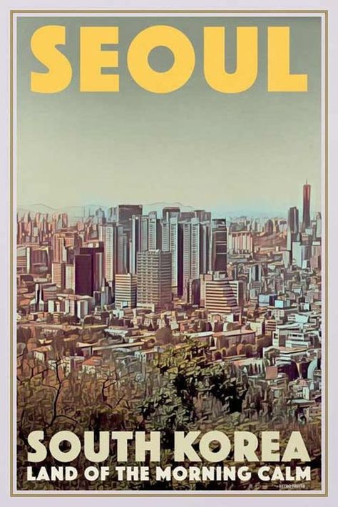 Seoul Morning, Calm Poster, Pop Art Marilyn, Retro Art Prints, Travel Poster Design, Guitar Pics, South Korea Travel, Vintage Poster Design, Number Poster