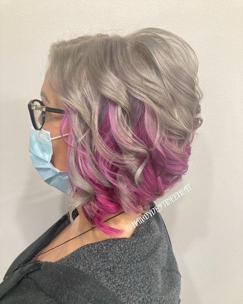 Gray And Burgundy Hair, Grey With Red Hair, Funky Gray Hair, Pink And Grey Hair Color, Vivid Color On Grey Hair, Pink Hair Over 50, Gray Hair With Pink Highlights, Gray And Pink Hair, Grey And Pink Hair