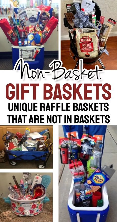 Best Raffle Baskets Not In Baskets For Fundraiser Auctions Ideas Cooler Gift Basket, Auction Basket Themes, Raffle Basket Ideas, Silent Auction Gift Basket Ideas, Raffle Gift Basket Ideas, Silent Auction Basket, Gift Card Basket, Auction Gift Basket Ideas, Fundraiser Raffle