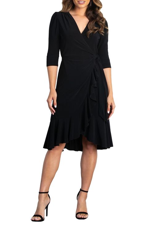 PRICES MAY VARY. 95% Polyester, 5% Spandex Made in USA Tie closure Dry Flat WHIMSY WRAP DRESS: Our Whimsy Midi Wrap Dress is a flirty piece with beautiful cascading flounces along the skirt's front panels and bottom hem. This functional plus size midi wrap dress is the perfect silhouette for all body types and the extra cinch feature at the waist will accentuate your fabulous curves even more. TRUE WRAP DRESS FOR WOMEN: The cross-over neckline on this functional wrap dress for women has a snap t Formal Work Dresses Nordstrom, All Black Dress Outfit Classy, Casual Chic Dresses, Office Photoshoot, Wardrobe Plan, Fab Dress, Guest Attire, Cocktail Wedding, Midi Wrap Dress